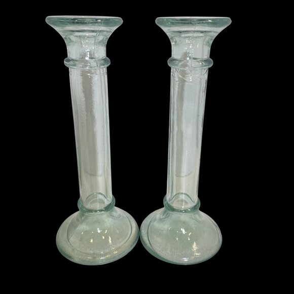 Vintage Hand-Blown Clear Green Glass Taper Candle Holders 7" Tall Set Of 2 - Picture 1 of 7